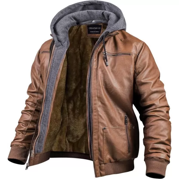 CREATMO US Mens Faux Leather Jacket Motorcycle Jacket Waterproof Windproof PU Moto Vintage Bomber Hoodie with Removable HoodBrown Velvet Lined