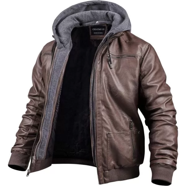 CREATMO US Mens Faux Leather Jacket Motorcycle Jacket Waterproof Windproof PU Moto Vintage Bomber Hoodie with Removable HoodCoffee