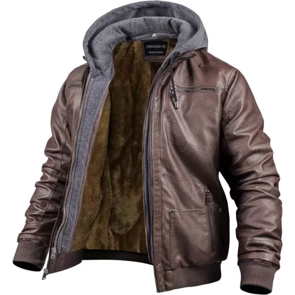 CREATMO US Mens Faux Leather Jacket Motorcycle Jacket Waterproof Windproof PU Moto Vintage Bomber Hoodie with Removable HoodCoffee Velvet Lined