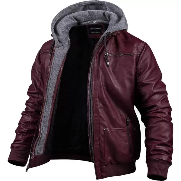 CREATMO US Mens Faux Leather Jacket Motorcycle Jacket Waterproof Windproof PU Moto Vintage Bomber Hoodie with Removable HoodWine Red