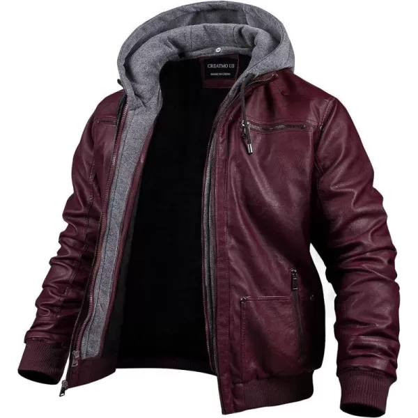 CREATMO US Mens Faux Leather Jacket Motorcycle Jacket Waterproof Windproof PU Moto Vintage Bomber Hoodie with Removable HoodWine Red Light