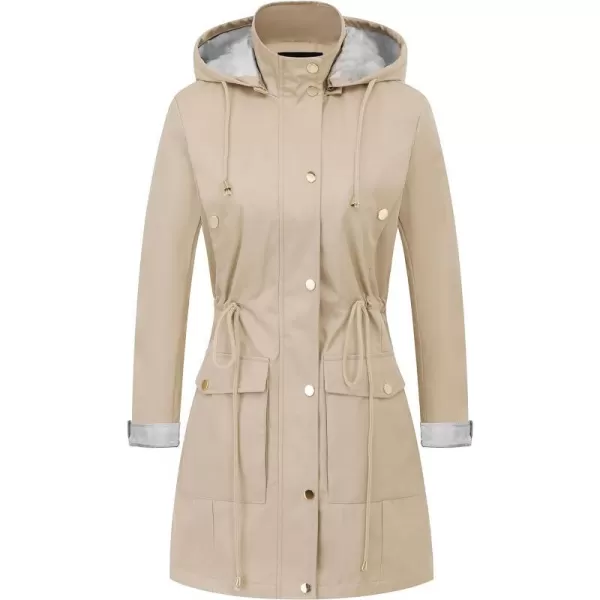 CREATMO US Womens Plus Size WaterResistant Trench Coat Long Windbreaker Military Jacket with Reflective Removable HoodKhaki