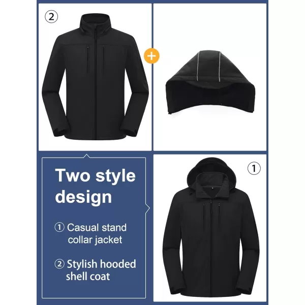 CREATMO US Mens Softshell Military Jacket With Removable Hood Fleece Lined and Water Repellent Outdoor Reflective CoatBlack