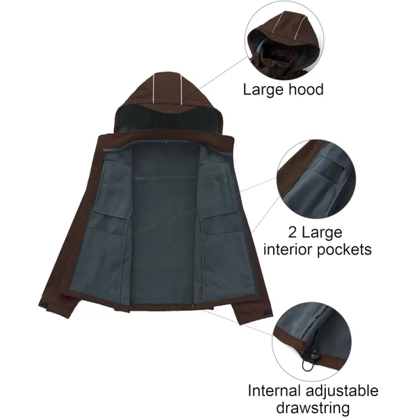 CREATMO US Mens Softshell Military Jacket With Removable Hood Fleece Lined and Water Repellent Outdoor Reflective CoatBrown