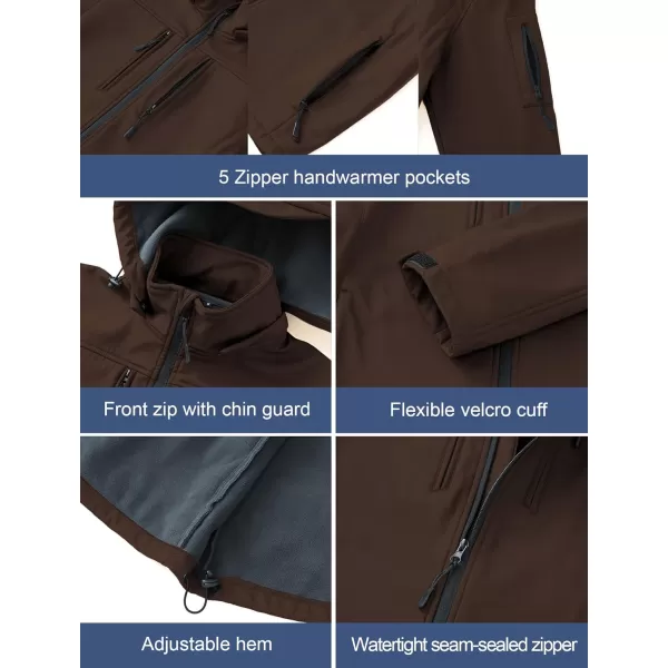 CREATMO US Mens Softshell Military Jacket With Removable Hood Fleece Lined and Water Repellent Outdoor Reflective CoatBrown