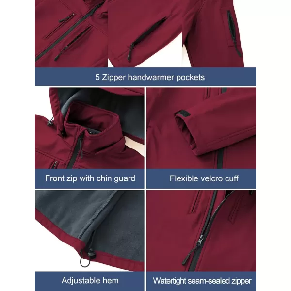 CREATMO US Mens Softshell Military Jacket With Removable Hood Fleece Lined and Water Repellent Outdoor Reflective CoatBurgundy