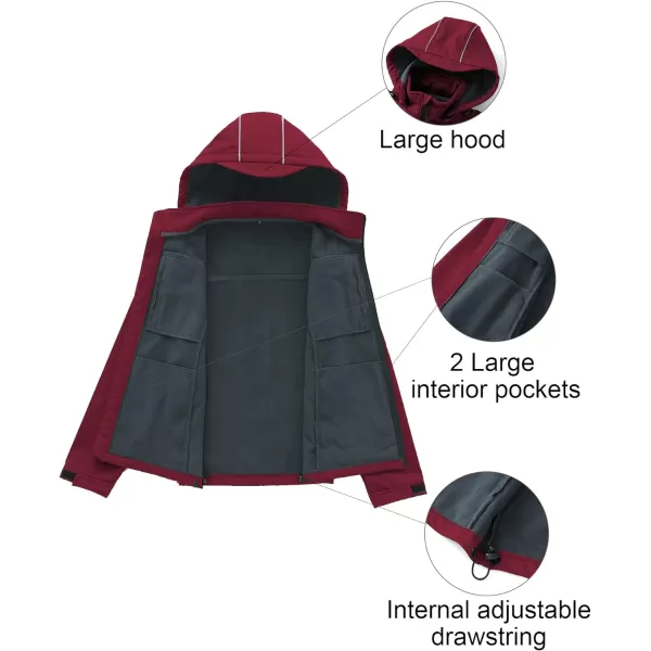 CREATMO US Mens Softshell Military Jacket With Removable Hood Fleece Lined and Water Repellent Outdoor Reflective CoatBurgundy