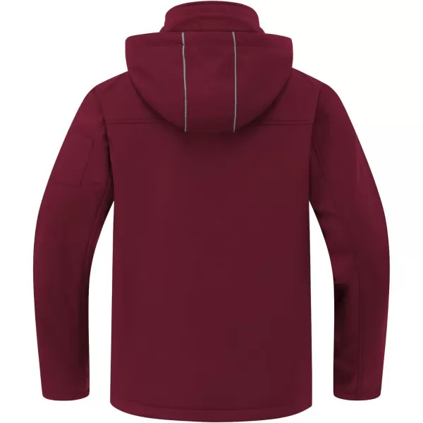 CREATMO US Mens Softshell Military Jacket With Removable Hood Fleece Lined and Water Repellent Outdoor Reflective CoatBurgundy