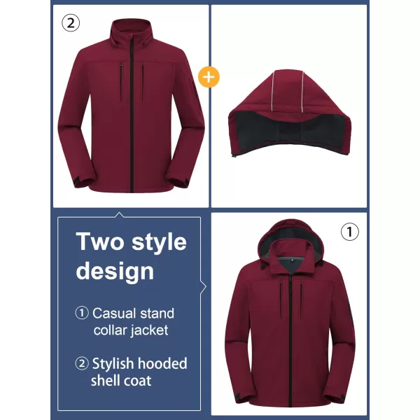 CREATMO US Mens Softshell Military Jacket With Removable Hood Fleece Lined and Water Repellent Outdoor Reflective CoatBurgundy