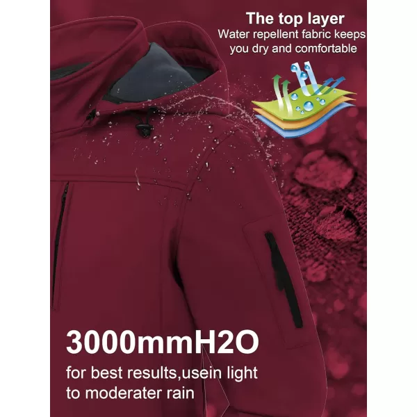 CREATMO US Mens Softshell Military Jacket With Removable Hood Fleece Lined and Water Repellent Outdoor Reflective CoatBurgundy