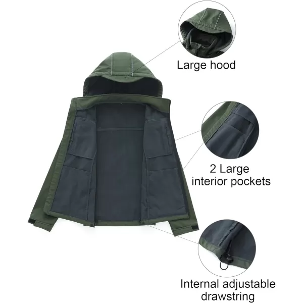 CREATMO US Mens Softshell Military Jacket With Removable Hood Fleece Lined and Water Repellent Outdoor Reflective CoatGreen