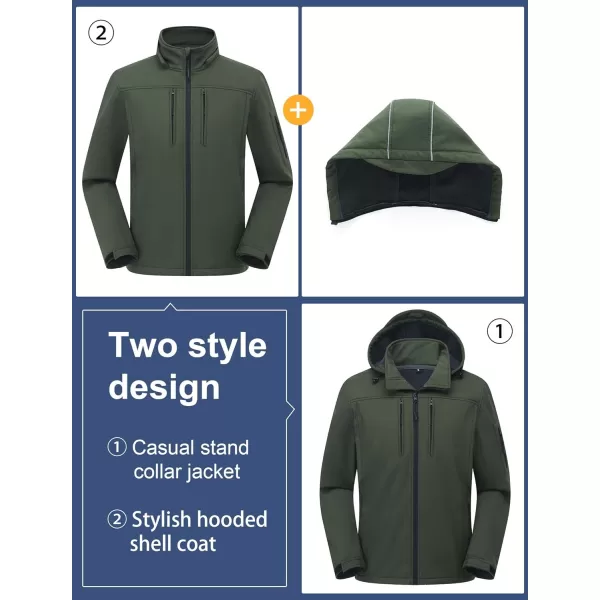 CREATMO US Mens Softshell Military Jacket With Removable Hood Fleece Lined and Water Repellent Outdoor Reflective CoatGreen