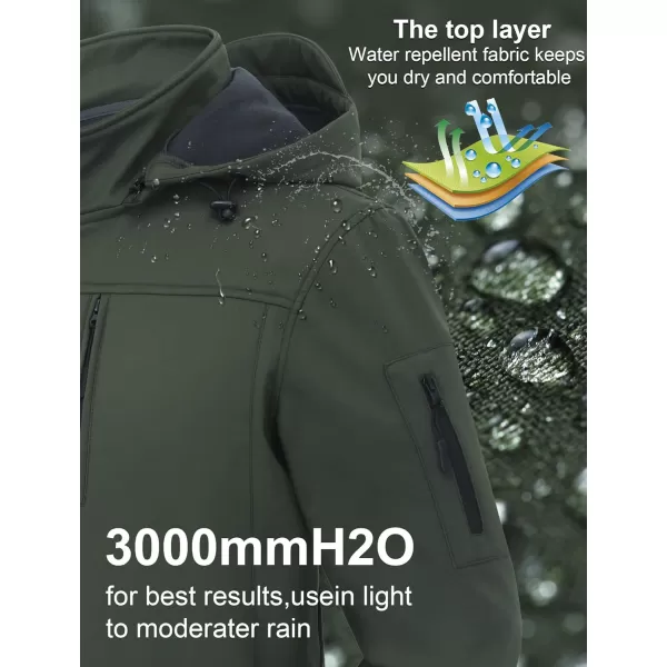 CREATMO US Mens Softshell Military Jacket With Removable Hood Fleece Lined and Water Repellent Outdoor Reflective CoatGreen