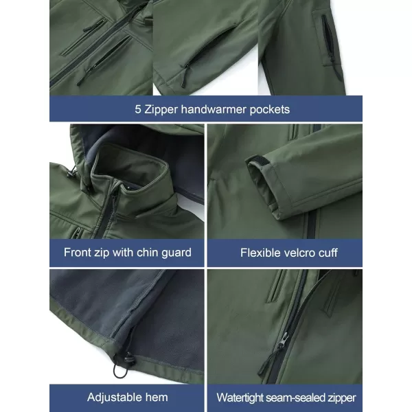 CREATMO US Mens Softshell Military Jacket With Removable Hood Fleece Lined and Water Repellent Outdoor Reflective CoatGreen