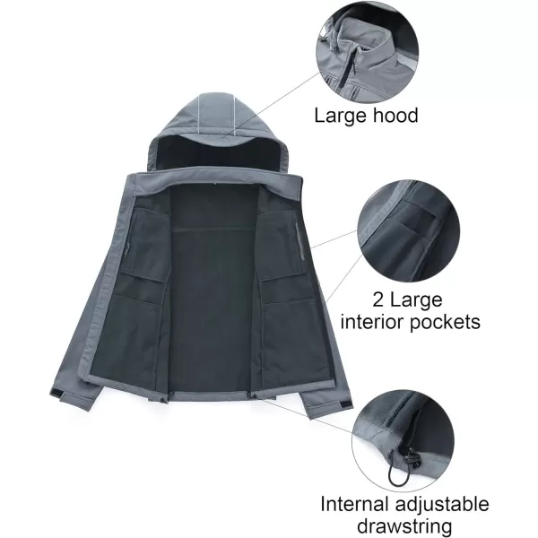 CREATMO US Mens Softshell Military Jacket With Removable Hood Fleece Lined and Water Repellent Outdoor Reflective CoatLight Grey