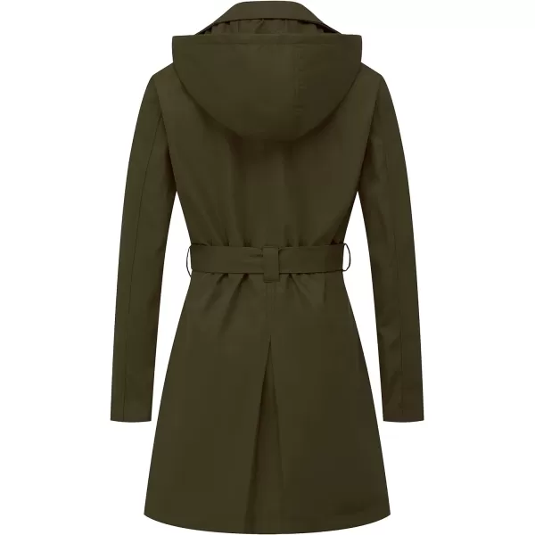 CREATMO US Womens Trench Coat DoubleBreasted Classic Lapel Overcoat Belted Slim Outerwear Coat with Detachable HoodArmy Green