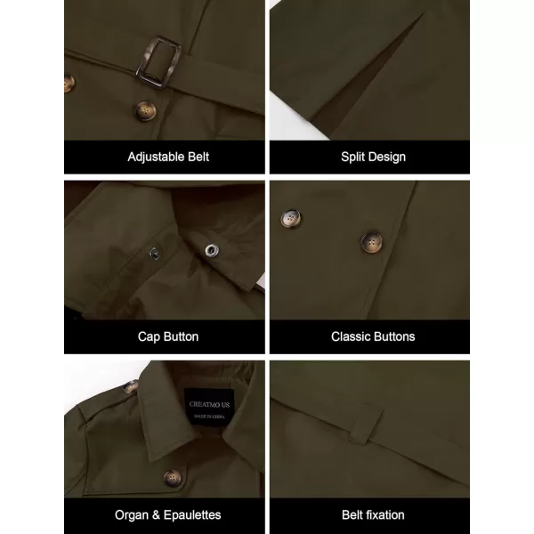 CREATMO US Womens Trench Coat DoubleBreasted Classic Lapel Overcoat Belted Slim Outerwear Coat with Detachable HoodArmy Green