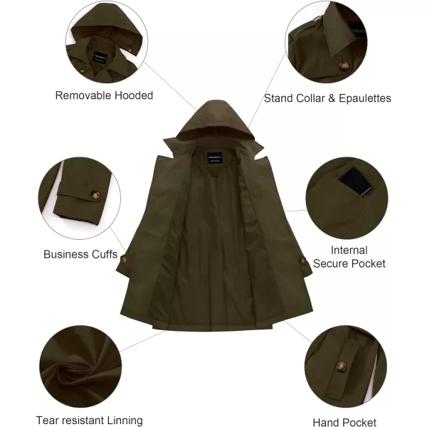 CREATMO US Womens Trench Coat DoubleBreasted Classic Lapel Overcoat Belted Slim Outerwear Coat with Detachable HoodArmy Green