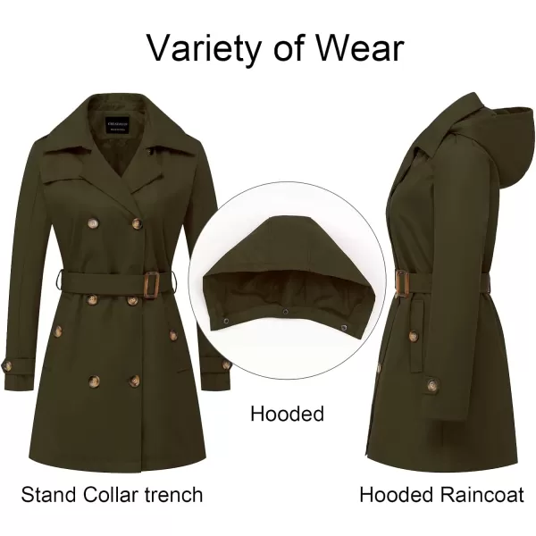 CREATMO US Womens Trench Coat DoubleBreasted Classic Lapel Overcoat Belted Slim Outerwear Coat with Detachable HoodArmy Green