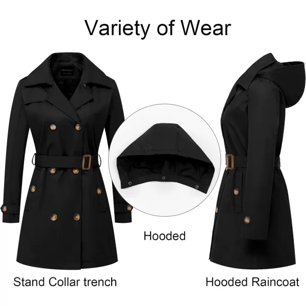 CREATMO US Womens Trench Coat DoubleBreasted Classic Lapel Overcoat Belted Slim Outerwear Coat with Detachable HoodBlack