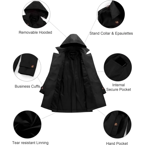 CREATMO US Womens Trench Coat DoubleBreasted Classic Lapel Overcoat Belted Slim Outerwear Coat with Detachable HoodBlack
