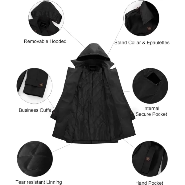 CREATMO US Womens Trench Coat DoubleBreasted Classic Lapel Overcoat Belted Slim Outerwear Coat with Detachable HoodBlack Padding Lined