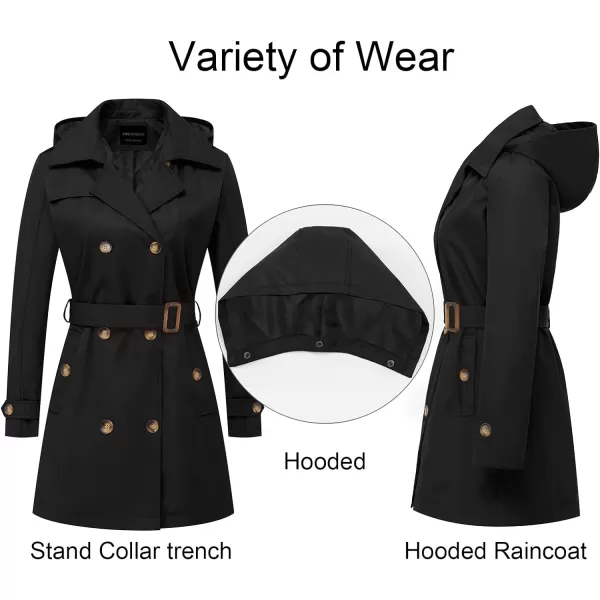 CREATMO US Womens Trench Coat DoubleBreasted Classic Lapel Overcoat Belted Slim Outerwear Coat with Detachable HoodBlack Padding Lined