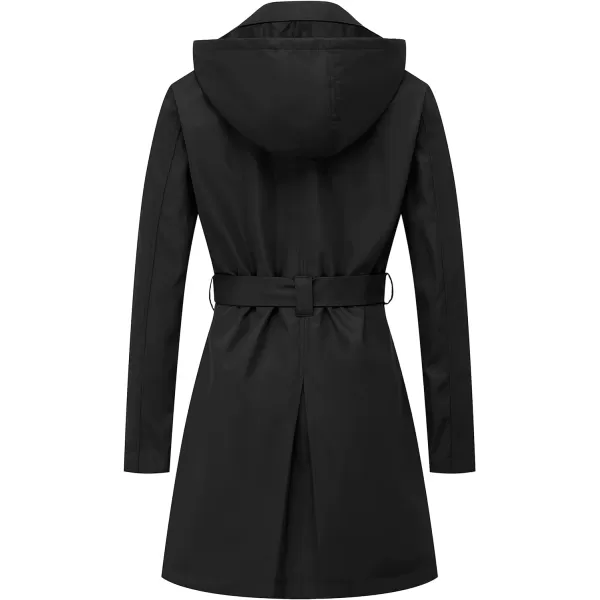 CREATMO US Womens Trench Coat DoubleBreasted Classic Lapel Overcoat Belted Slim Outerwear Coat with Detachable HoodBlack Padding Lined