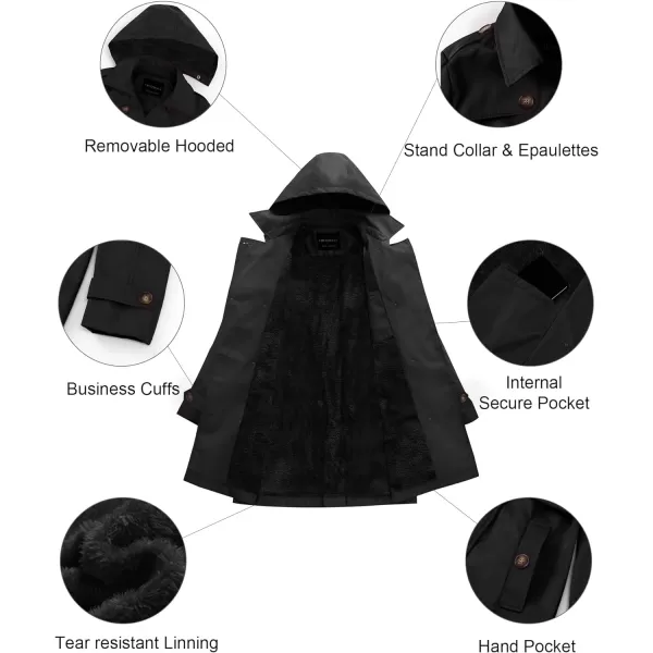 CREATMO US Womens Trench Coat DoubleBreasted Classic Lapel Overcoat Belted Slim Outerwear Coat with Detachable HoodBlack Velvet Lined