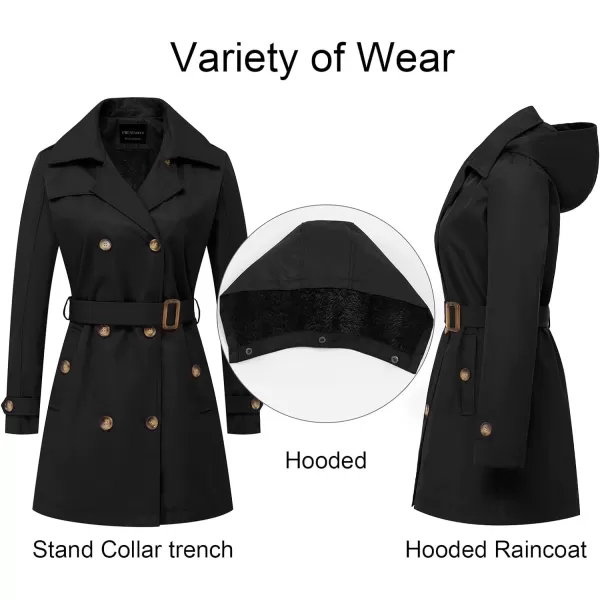 CREATMO US Womens Trench Coat DoubleBreasted Classic Lapel Overcoat Belted Slim Outerwear Coat with Detachable HoodBlack Velvet Lined