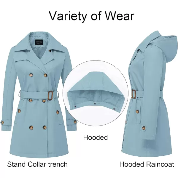 CREATMO US Womens Trench Coat DoubleBreasted Classic Lapel Overcoat Belted Slim Outerwear Coat with Detachable HoodBlue