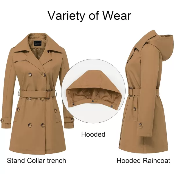 CREATMO US Womens Trench Coat DoubleBreasted Classic Lapel Overcoat Belted Slim Outerwear Coat with Detachable HoodCamel