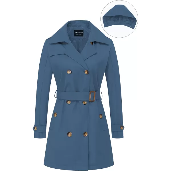 CREATMO US Womens Trench Coat DoubleBreasted Classic Lapel Overcoat Belted Slim Outerwear Coat with Detachable HoodDark Blue