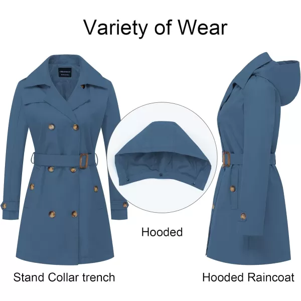 CREATMO US Womens Trench Coat DoubleBreasted Classic Lapel Overcoat Belted Slim Outerwear Coat with Detachable HoodDark Blue