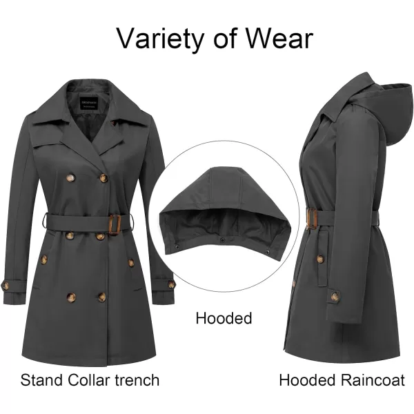 CREATMO US Womens Trench Coat DoubleBreasted Classic Lapel Overcoat Belted Slim Outerwear Coat with Detachable HoodGrey