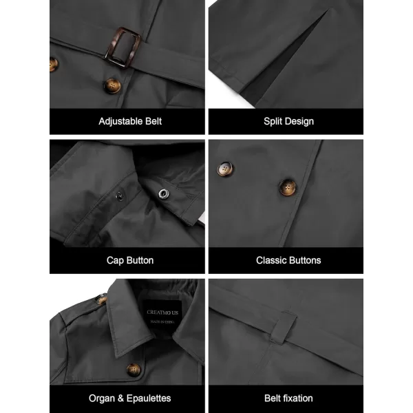 CREATMO US Womens Trench Coat DoubleBreasted Classic Lapel Overcoat Belted Slim Outerwear Coat with Detachable HoodGrey