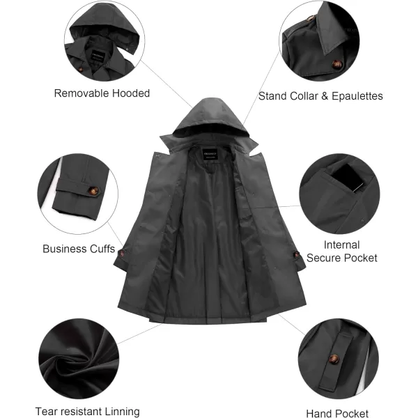 CREATMO US Womens Trench Coat DoubleBreasted Classic Lapel Overcoat Belted Slim Outerwear Coat with Detachable HoodGrey