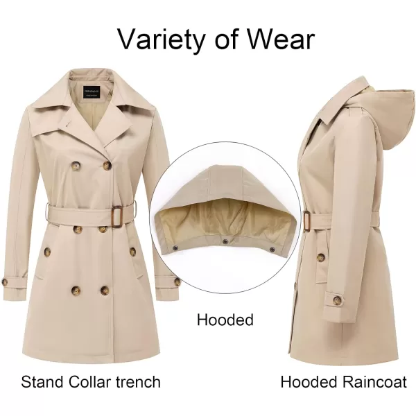 CREATMO US Womens Trench Coat DoubleBreasted Classic Lapel Overcoat Belted Slim Outerwear Coat with Detachable HoodKhaki