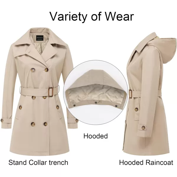CREATMO US Womens Trench Coat DoubleBreasted Classic Lapel Overcoat Belted Slim Outerwear Coat with Detachable HoodKhaki Padding Lined