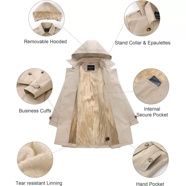 CREATMO US Womens Trench Coat DoubleBreasted Classic Lapel Overcoat Belted Slim Outerwear Coat with Detachable HoodKhaki Velvet Lined