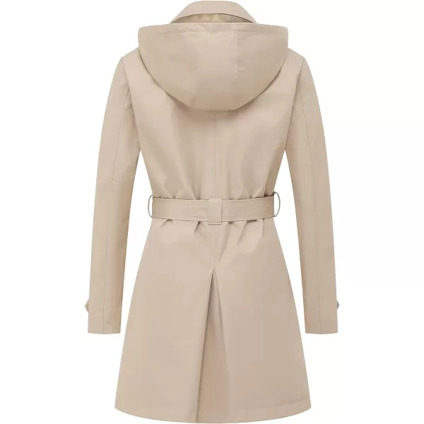 CREATMO US Womens Trench Coat DoubleBreasted Classic Lapel Overcoat Belted Slim Outerwear Coat with Detachable HoodKhaki Velvet Lined