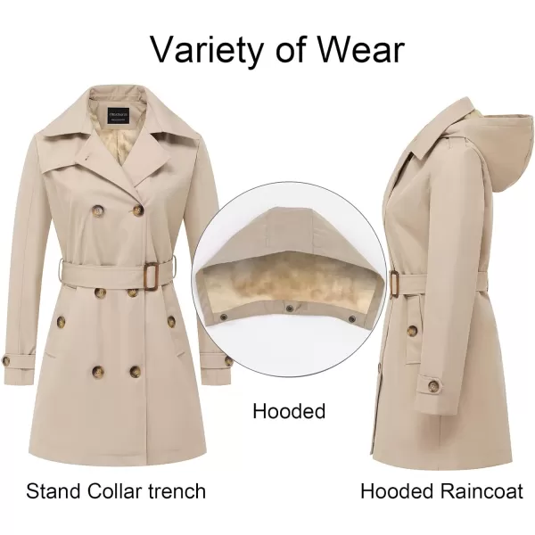 CREATMO US Womens Trench Coat DoubleBreasted Classic Lapel Overcoat Belted Slim Outerwear Coat with Detachable HoodKhaki Velvet Lined