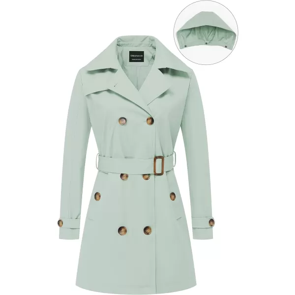 CREATMO US Womens Trench Coat DoubleBreasted Classic Lapel Overcoat Belted Slim Outerwear Coat with Detachable HoodLight Green