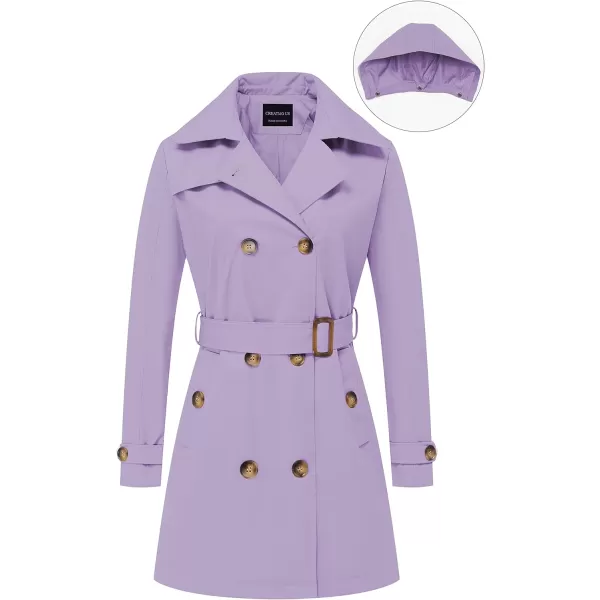 CREATMO US Womens Trench Coat DoubleBreasted Classic Lapel Overcoat Belted Slim Outerwear Coat with Detachable HoodLight Purple