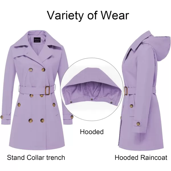 CREATMO US Womens Trench Coat DoubleBreasted Classic Lapel Overcoat Belted Slim Outerwear Coat with Detachable HoodLight Purple