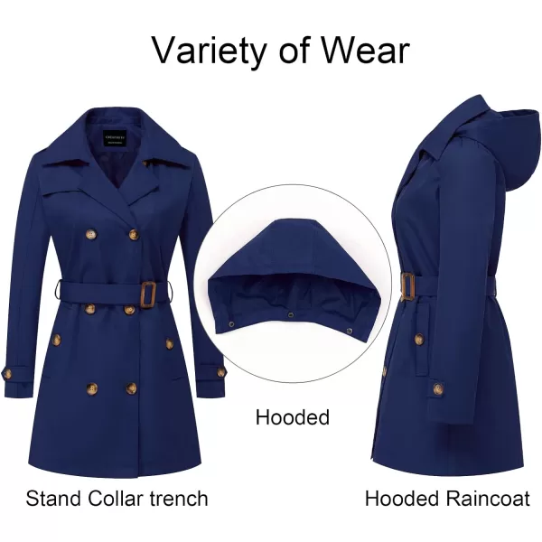 CREATMO US Womens Trench Coat DoubleBreasted Classic Lapel Overcoat Belted Slim Outerwear Coat with Detachable HoodNavy Blue