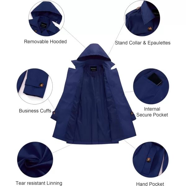 CREATMO US Womens Trench Coat DoubleBreasted Classic Lapel Overcoat Belted Slim Outerwear Coat with Detachable HoodNavy Blue