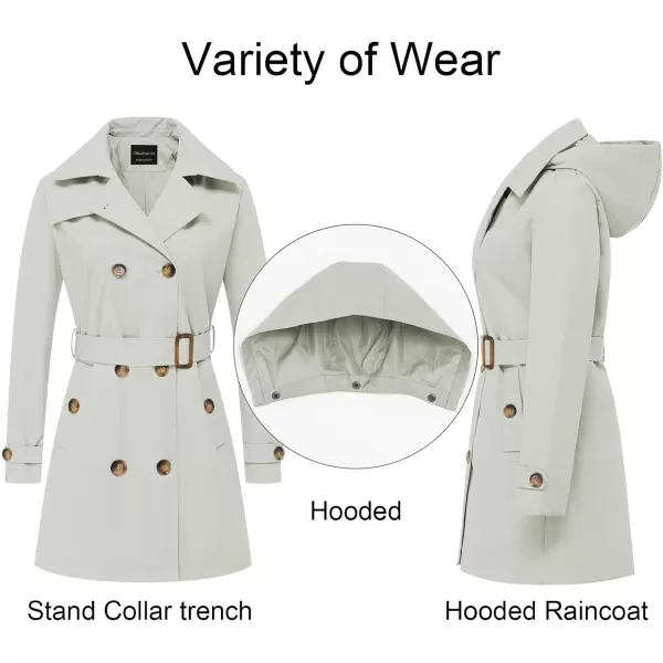 CREATMO US Womens Trench Coat DoubleBreasted Classic Lapel Overcoat Belted Slim Outerwear Coat with Detachable HoodOffwhite