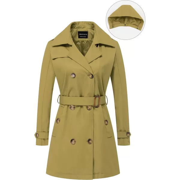 CREATMO US Womens Trench Coat DoubleBreasted Classic Lapel Overcoat Belted Slim Outerwear Coat with Detachable HoodOlive Yellow