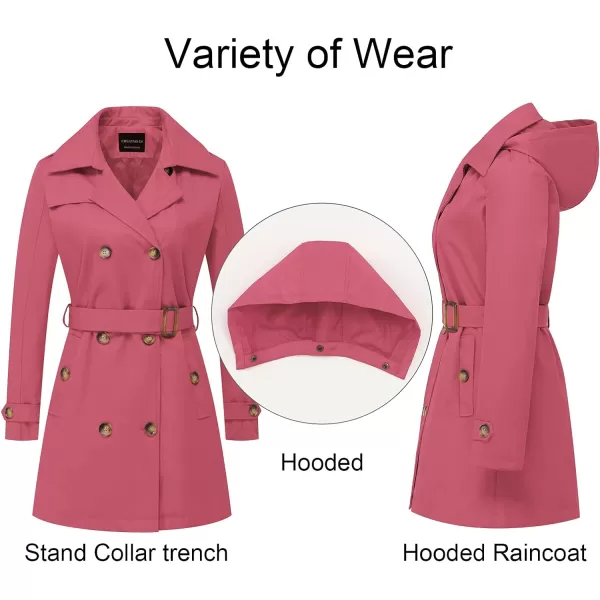 CREATMO US Womens Trench Coat DoubleBreasted Classic Lapel Overcoat Belted Slim Outerwear Coat with Detachable HoodPink